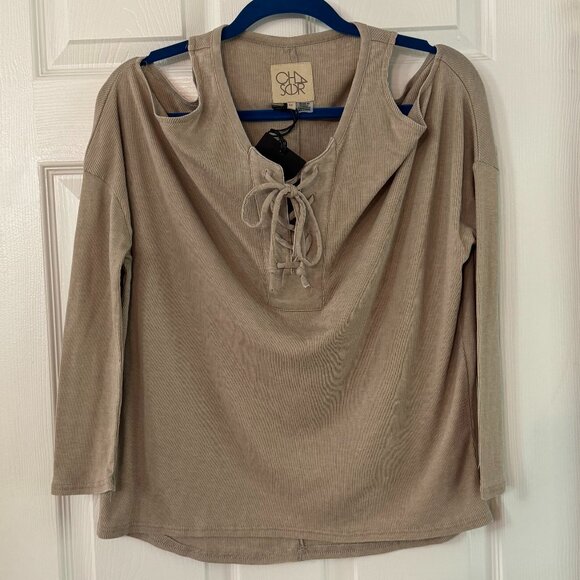 Chaser Cold Shoulder Long Sleeve Womans Long Sleeve Wheat Color Size Medium - Picture 1 of 3